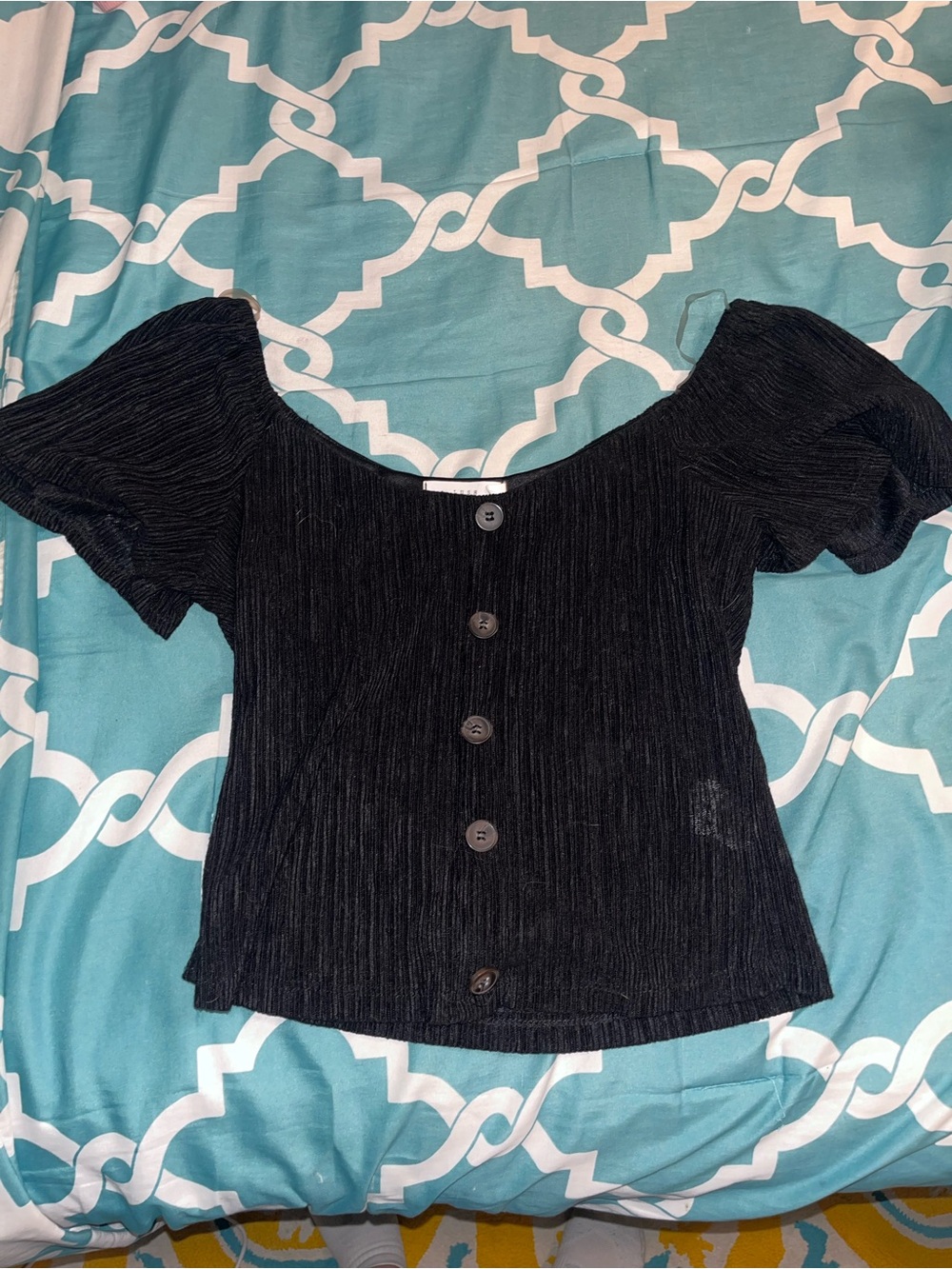 Lush Black Button-Front Puff Sleeve Top